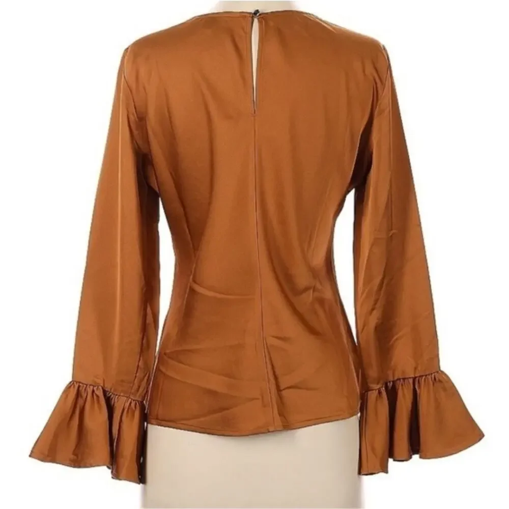 J. Crew Winter Garden Golden Brown Bell Sleeve Ruffle Satin Blouse Top Small NWT